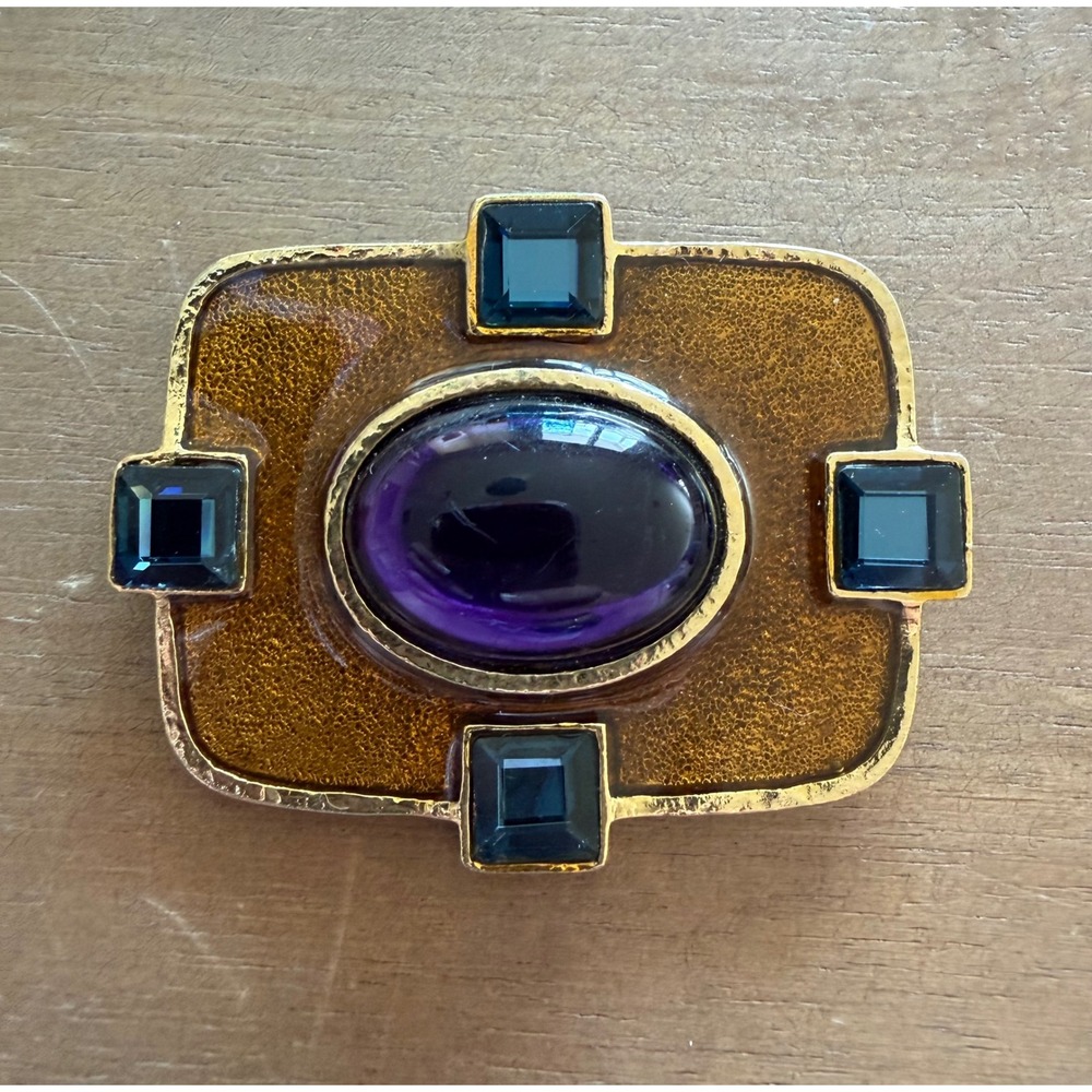 Vintage CRAFT signed Brooch Purple Cabochon Enamel Blue Crystal Stones
